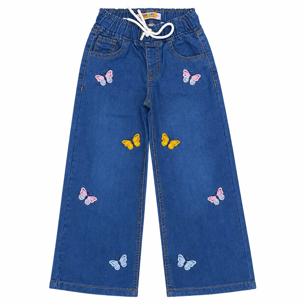 Girls blue wide leg denim jeans with butterfly embroidery