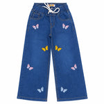 Girls blue wide leg denim jeans with butterfly embroidery