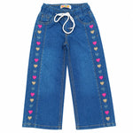 Girls heart embroidered blue wide leg denim jeans