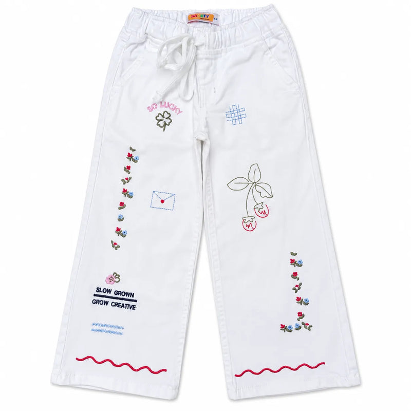 Girls white embroidered wide leg pants