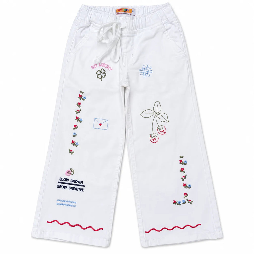 Girls white embroidered wide leg pants
