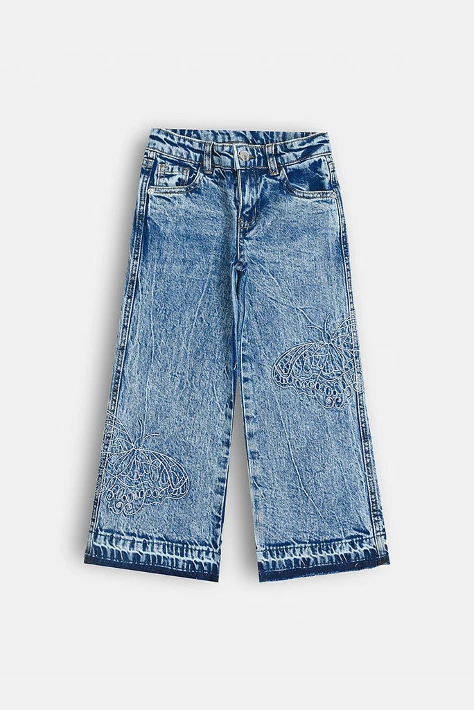 Girls Butterfly Embroidered Wide Leg Denim Jeans
