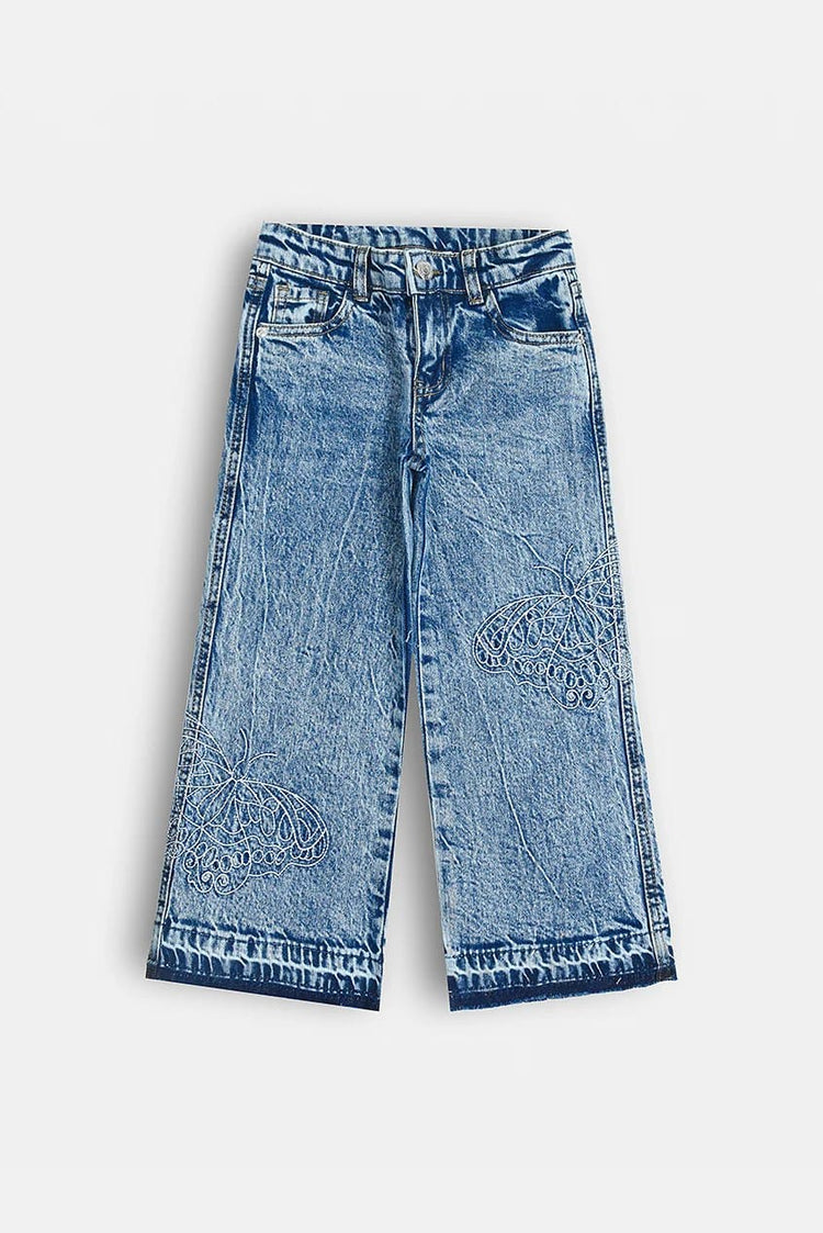 Girls Butterfly Embroidered Wide Leg Denim Jeans